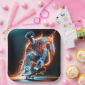 Neon Skateboarder mit fiery Light Trails Pappteller (Party)
