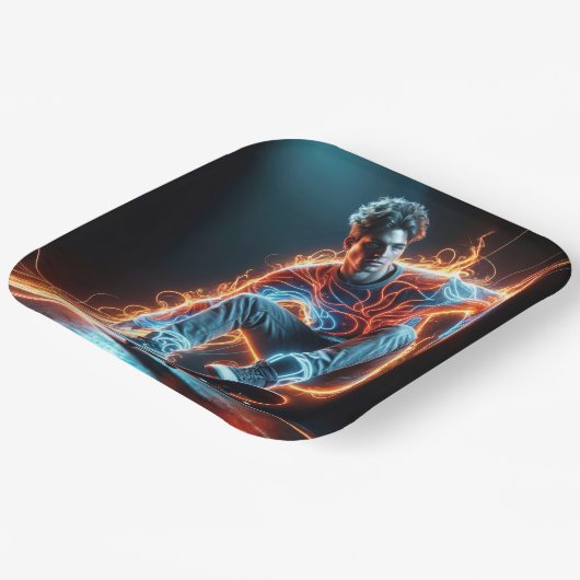 Neon Skateboarder mit fiery Light Trails Pappteller (Gewinkelt)