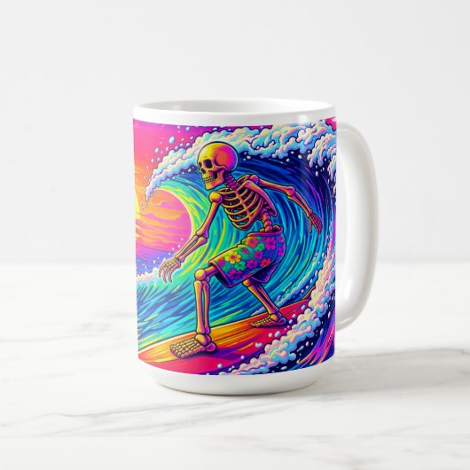 Neon Skeleton Surfing Colorful Sunset Kaffeetasse (VorderseiteRechts)