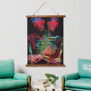 Neon-Skelett-Umarmung-Kunstfusion Wandteppich Mit Holzrahmen