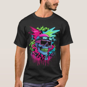 Neon Skull Explosion - Cyberpunk Streetwear Art T-Shirt