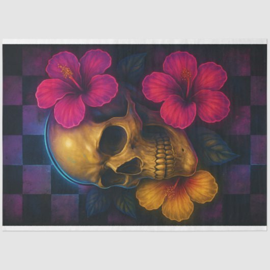 Neon Skull mit Hibiskus Blume Dekoupage Paper Seidenpapier (Vorderseite)