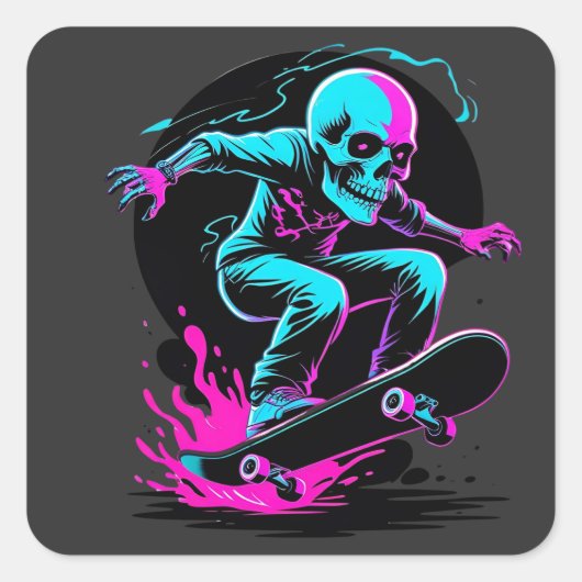 Neon Skull Skateboard Art - Edgy Skater Design Quadratischer Aufkleber (Vorderseite)