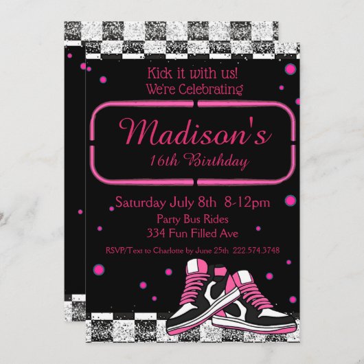 Neon Sneaker Birthday, Glitzer Einladung (Vorne/Hinten)