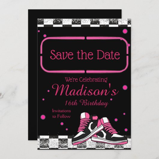 Neon Sneaker Birthday, Glitzer Save The Date (Vorne/Hinten)