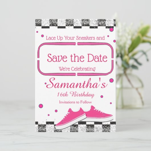 Neon Sneaker Birthday, Glitzer Save The Date (Stehend Vorderseite)