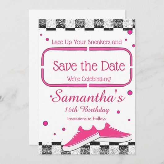 Neon Sneaker Birthday, Glitzer Save The Date (Vorne/Hinten)