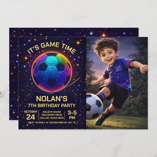 Neon Soccer Birthday Photo Invitation Einladung (Vorne/Hinten)