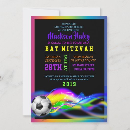 NEON SOCCER GIRLS Bat Mitzvah Einladung (Vorderseite)