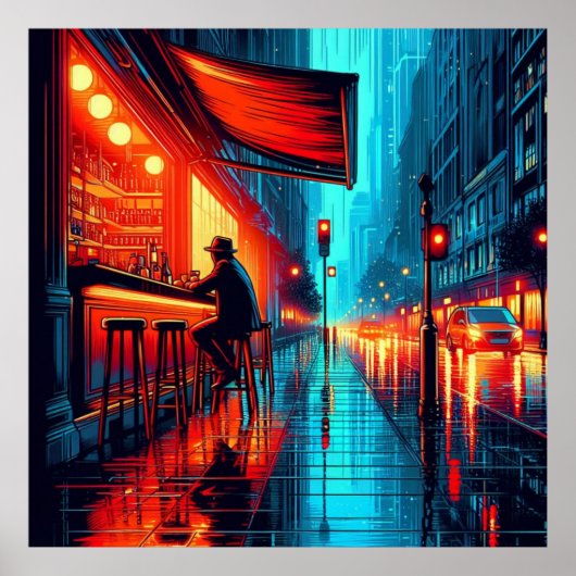 Neon Solitude: Rainy Night im City Cafe Poster (Vorne)