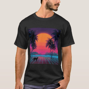 Neon-Sonnenuntergang-Katze an der Cyber-Küste T-Shirt