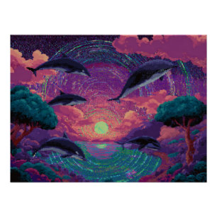 Neon-Sonnenuntergang mit Delfinen im tropischen Pa Poster