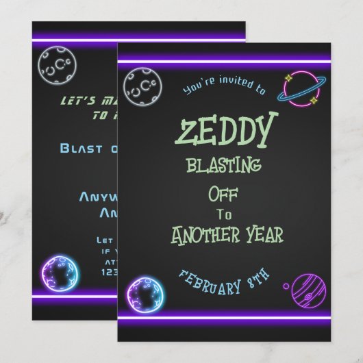 Neon Space Einladung (Vorne/Hinten)