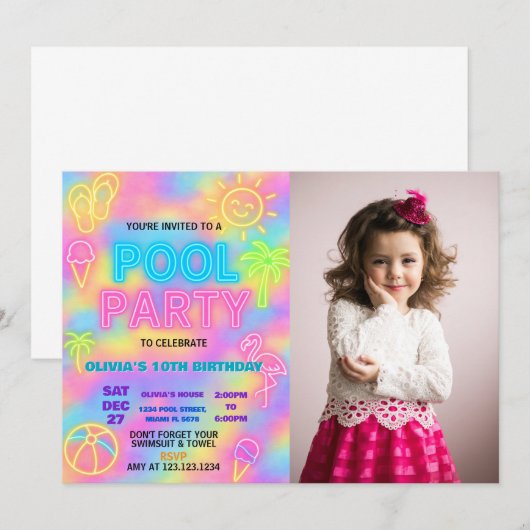 Neon Splash Pool Party Einladung (Vorne/Hinten)