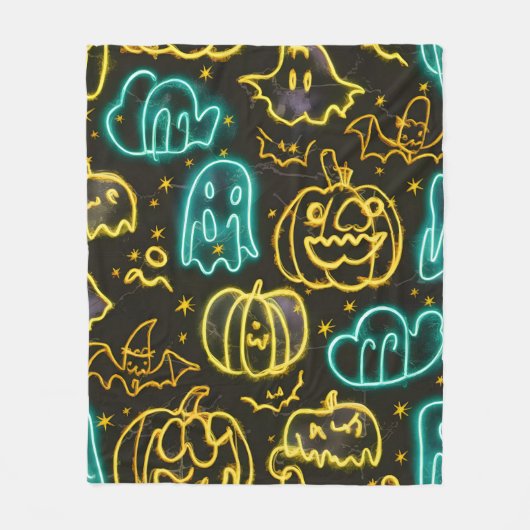 Neon Spooky Halloween Ghost Bats Pumpkins Muster Fleecedecke (Vorderseite)