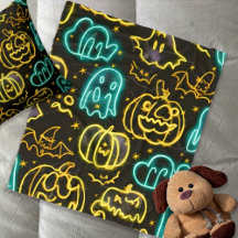 Neon Spooky Halloween Ghost Bats Pumpkins Muster