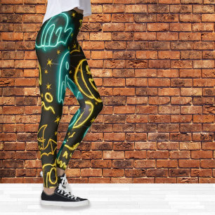 Neon Spooky Halloween Ghost Bats Pumpkins Muster Leggings