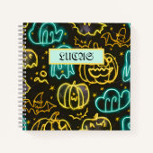 Neon Spooky Halloween Ghost Bats Pumpkins Muster Notizblock (Vorderseite)
