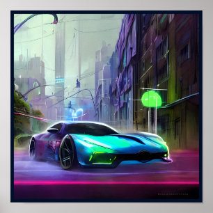Neon Sports Car auf der Straße Poster