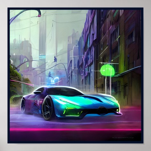 Neon Sports Car auf der Straße Poster (Vorne)