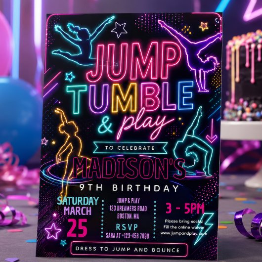Neon-Sprung-und-Tumble-Geburtstagsfeier Einladung