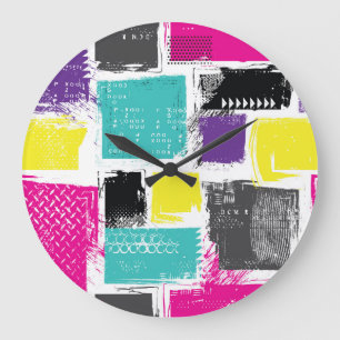 Neon Squares Retro Abstraktes Muster Große Wanduhr