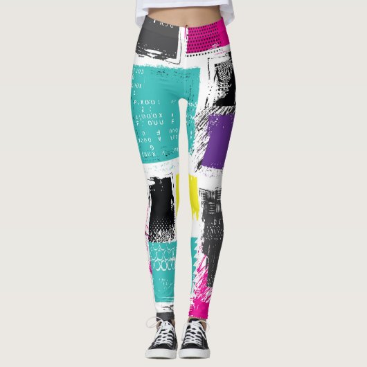 Neon Squares Retro Abstraktes Muster Leggings (Vorderseite)