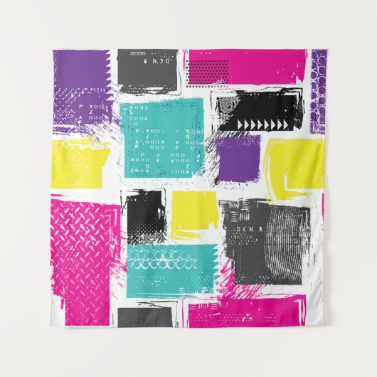 Neon Squares Retro Abstraktes Muster Wandteppich (Vorderseite)