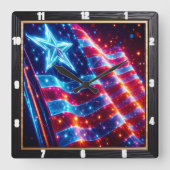 Neon Star American Flag Modern Quadratische Wanduhr (Vorderseite)