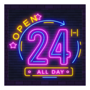 Neon Stores rund um die Uhr geöffnet Fensterheber Fotodruck