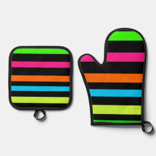 Neon-Streifenmuster Ofenhandschuh & Topflappen-Set
