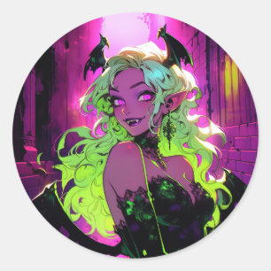 Neon Succubus Demon Anime Girl Runder Aufkleber