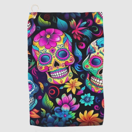 Neon Sugar Skull Golfhandtuch (Vorderseite)