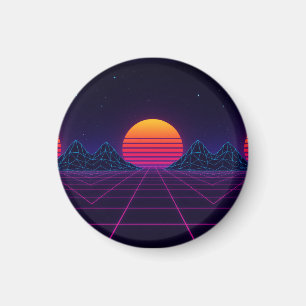 Neon Sunset Grid - Retro-Futuristische Synthwave S Magnet