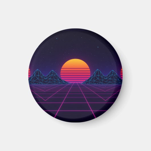 Neon Sunset Grid - Retro-Futuristische Synthwave S Magnet (Vorne)