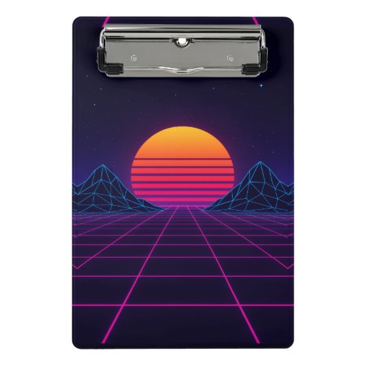Neon Sunset Grid - Retro-Futuristische Synthwave S Mini Klemmbrett (Vorderseite)