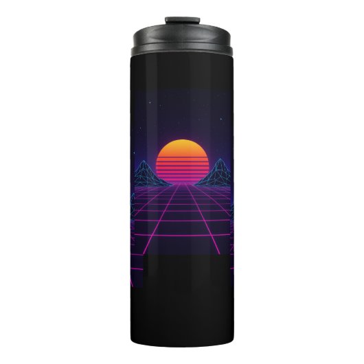 Neon Sunset Grid - Retro-Futuristische Synthwave S Thermosbecher (Vorderseite)