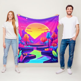 Neon Sunset Landschaft Fleecedecke