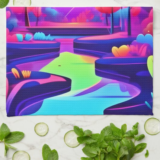 Neon Sunset Landschaft Geschirrtuch (Gefaltet)