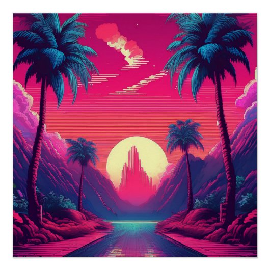 Neon Sunset Paradise - Retro 80er Tropical Vibes Poster (Vorderseite)