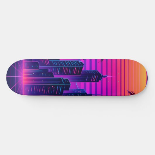 Neon Sunset Retro-Futuristic Citycape Skateboard (Horizontal)