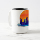Neon Sunset Skyline mit Brick Texture Zweifarbige Tasse (Vorderseite Links)