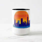 Neon Sunset Skyline mit Brick Texture Zweifarbige Tasse (Mittel)