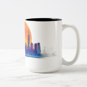 Neon Sunset Skyline mit Brick Texture Zweifarbige Tasse