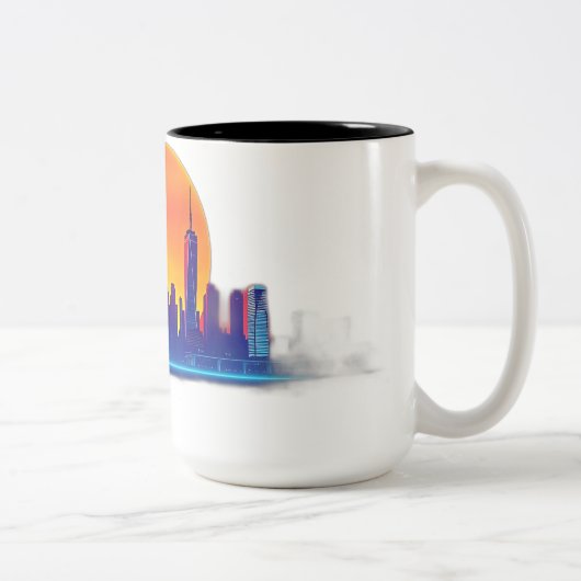 Neon Sunset Skyline mit Brick Texture Zweifarbige Tasse (Rechts)