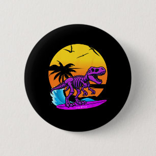 Neon Surfende T-Rex Skelett Mit Vintage-Strand-Ret Button