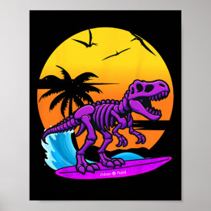 Neon-Surfing-T-Rex-Skelett mit Vintage-Strand-Ret Poster