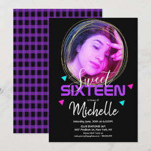 Neon Sweet Sixteen Goldring Konfetti Foto Grid Einladung