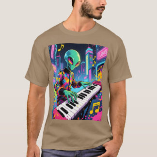 Neon Synthwave Alien Keyboarderin Mädchen T-Shirt