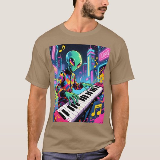 Neon Synthwave Alien Keyboarderin Mädchen T-Shirt (Vorderseite)